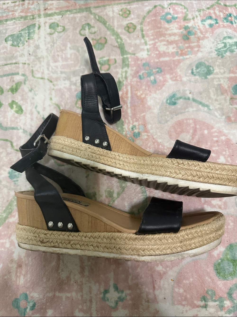 Steve Madden Black Leather Espadrille Wedge Sandals